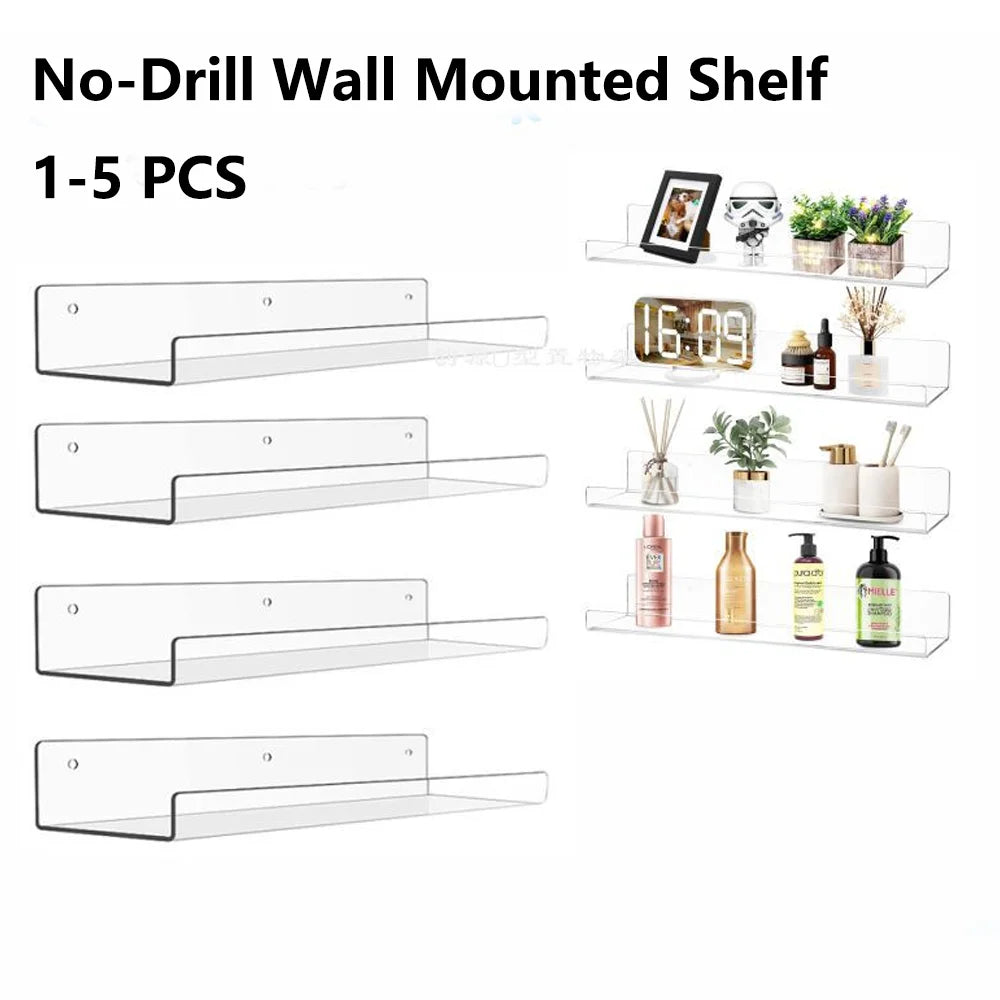 1-5 PCS Clear Acrylic Floating Bookshelves for Kids Wall Mount Display Shelf Organizer for Bathroom Bedroom Kitchen