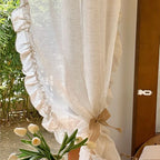 French Elegant Ruffled Sheer Curtains, Faux Linen Curtains for Living Room Bedroom Romantic Window Decoration Panel