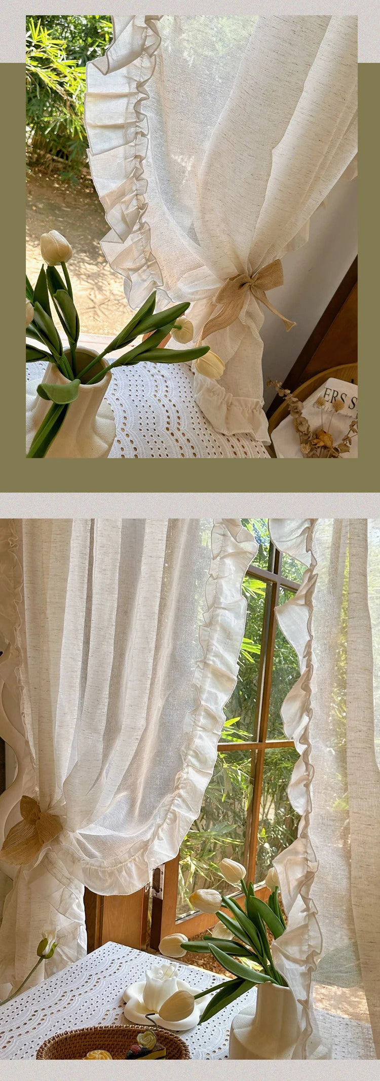 French Elegant Ruffled Sheer Curtains, Faux Linen Curtains for Living Room Bedroom Romantic Window Decoration Panel