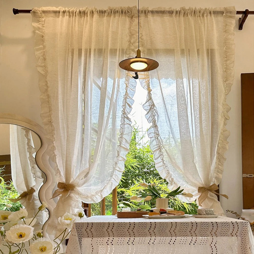 French Elegant Ruffled Sheer Curtains, Faux Linen Curtains for Living Room Bedroom Romantic Window Decoration Panel