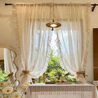 French Elegant Ruffled Sheer Curtains, Faux Linen Curtains for Living Room Bedroom Romantic Window Decoration Panel
