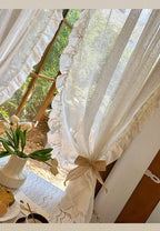 French Elegant Ruffled Sheer Curtains, Faux Linen Curtains for Living Room Bedroom Romantic Window Decoration Panel