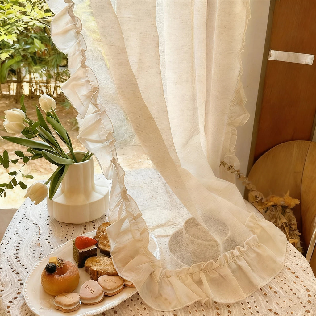 French Elegant Ruffled Sheer Curtains, Faux Linen Curtains for Living Room Bedroom Romantic Window Decoration Panel
