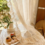 French Elegant Ruffled Sheer Curtains, Faux Linen Curtains for Living Room Bedroom Romantic Window Decoration Panel