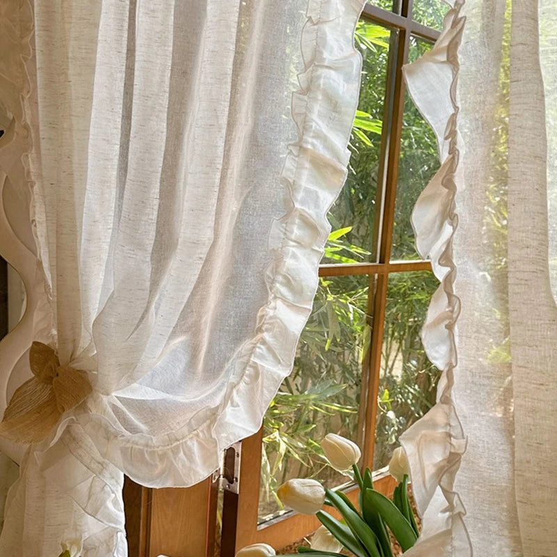 French Elegant Ruffled Sheer Curtains, Faux Linen Curtains for Living Room Bedroom Romantic Window Decoration Panel