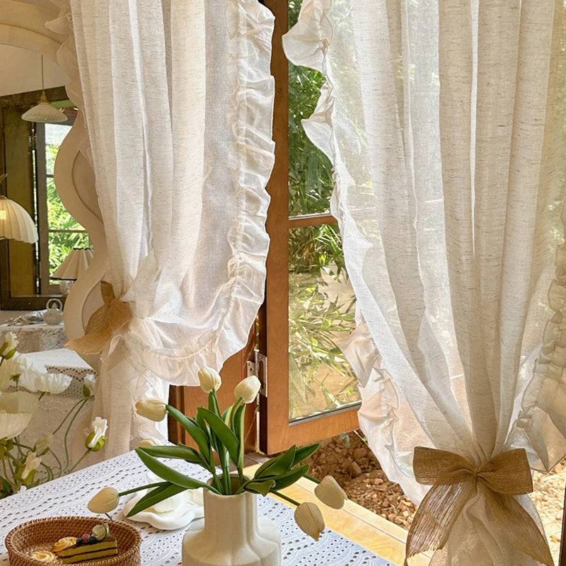 French Elegant Ruffled Sheer Curtains, Faux Linen Curtains for Living Room Bedroom Romantic Window Decoration Panel
