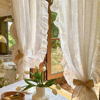 French Elegant Ruffled Sheer Curtains, Faux Linen Curtains for Living Room Bedroom Romantic Window Decoration Panel