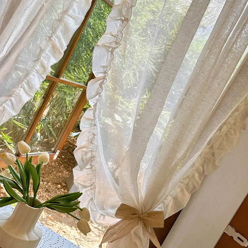French Elegant Ruffled Sheer Curtains, Faux Linen Curtains for Living Room Bedroom Romantic Window Decoration Panel