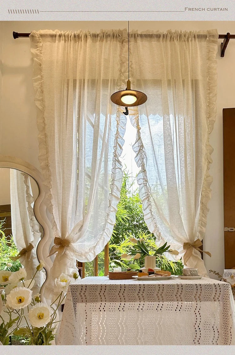 French Elegant Ruffled Sheer Curtains, Faux Linen Curtains for Living Room Bedroom Romantic Window Decoration Panel