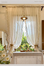 French Elegant Ruffled Sheer Curtains, Faux Linen Curtains for Living Room Bedroom Romantic Window Decoration Panel